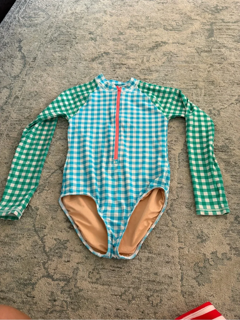 J. Crew Girls' Long-Sleeve Gingham One-Piece Swimsuit - Blue, Green